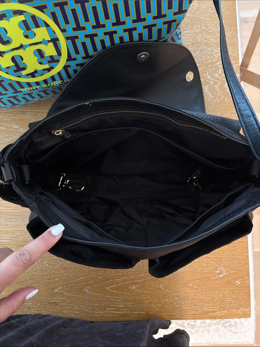 Tory Burch Black Nylon Shoulder Diaper Bag with Black Leather Flap